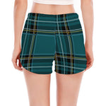 Teal Stewart Tartan Pattern Print Women's Split Running Shorts