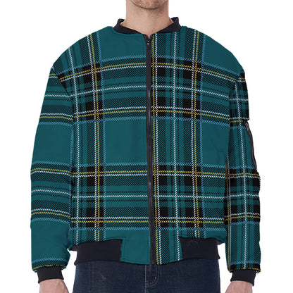 Teal Stewart Tartan Pattern Print Zip Sleeve Bomber Jacket