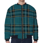 Teal Stewart Tartan Pattern Print Zip Sleeve Bomber Jacket