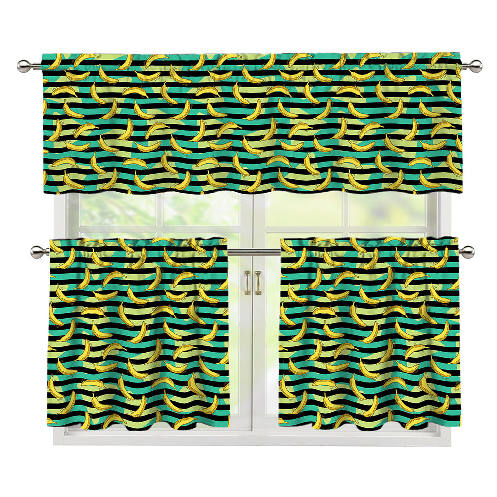 Teal Striped Banana Pattern Print 3 Piece Kitchen Curtains