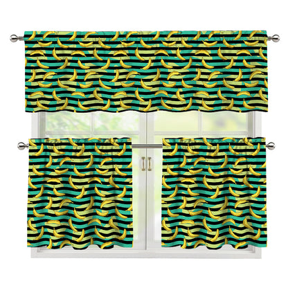 Teal Striped Banana Pattern Print 3 Piece Kitchen Curtains