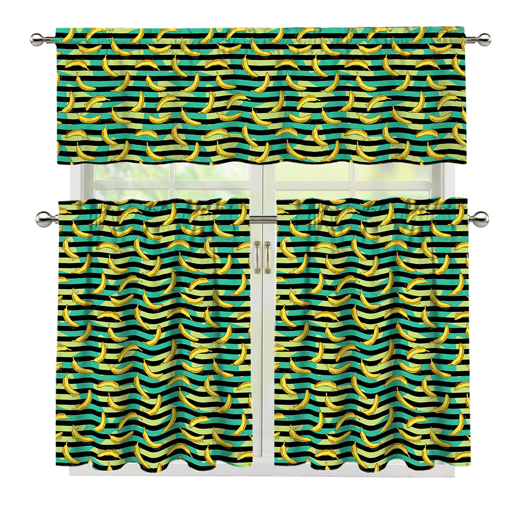 Teal Striped Banana Pattern Print 3 Piece Kitchen Curtains