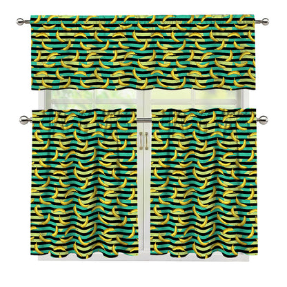Teal Striped Banana Pattern Print 3 Piece Kitchen Curtains