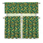 Teal Striped Banana Pattern Print 3 Piece Kitchen Curtains