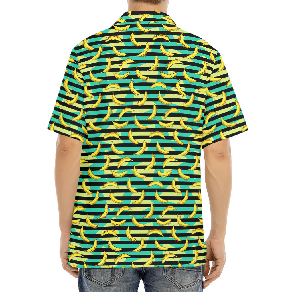 Teal Striped Banana Pattern Print Aloha Shirt