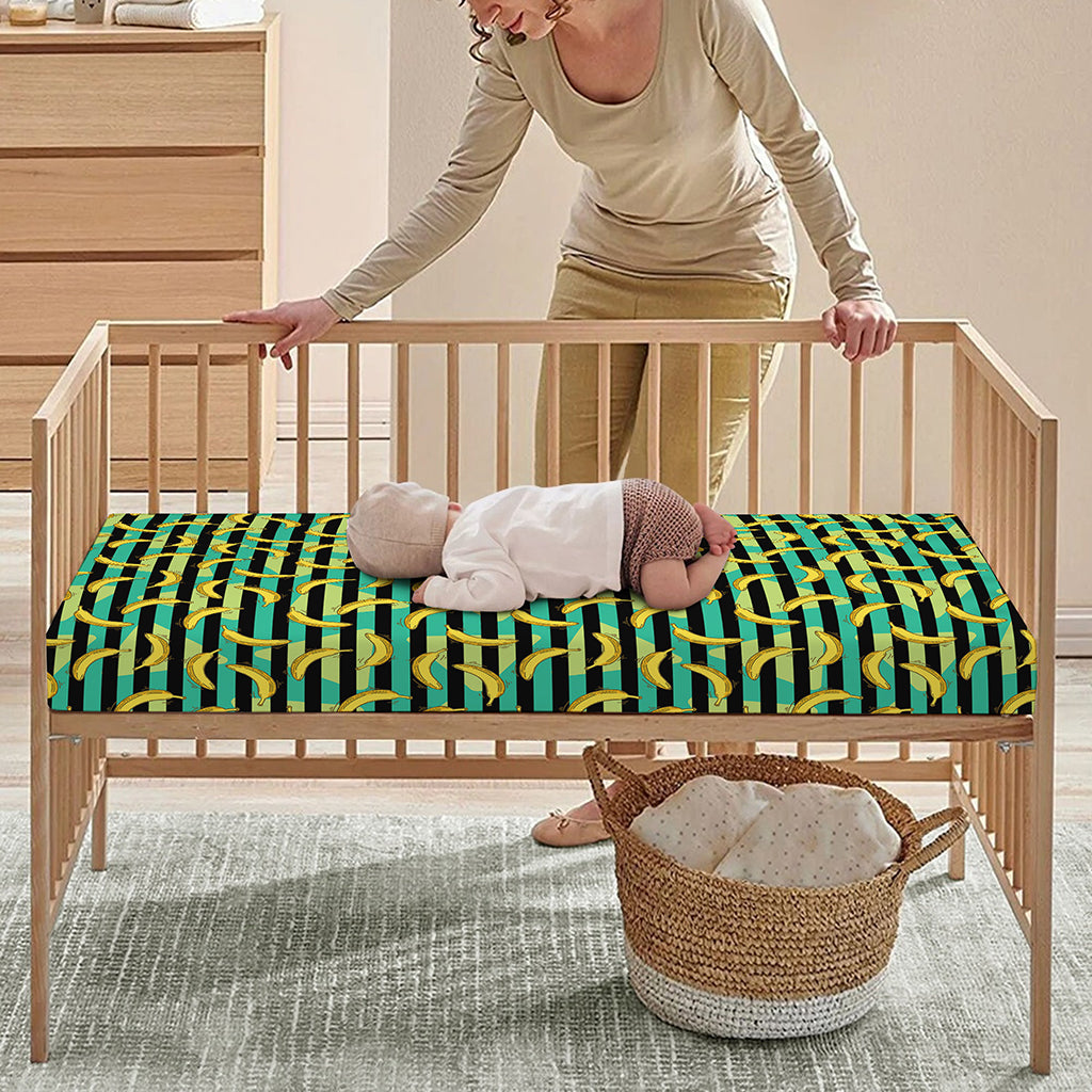 Teal Striped Banana Pattern Print Baby Crib Sheet