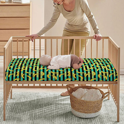 Teal Striped Banana Pattern Print Baby Crib Sheet