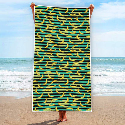 Teal Striped Banana Pattern Print Beach Towel