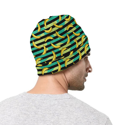 Teal Striped Banana Pattern Print Beanie