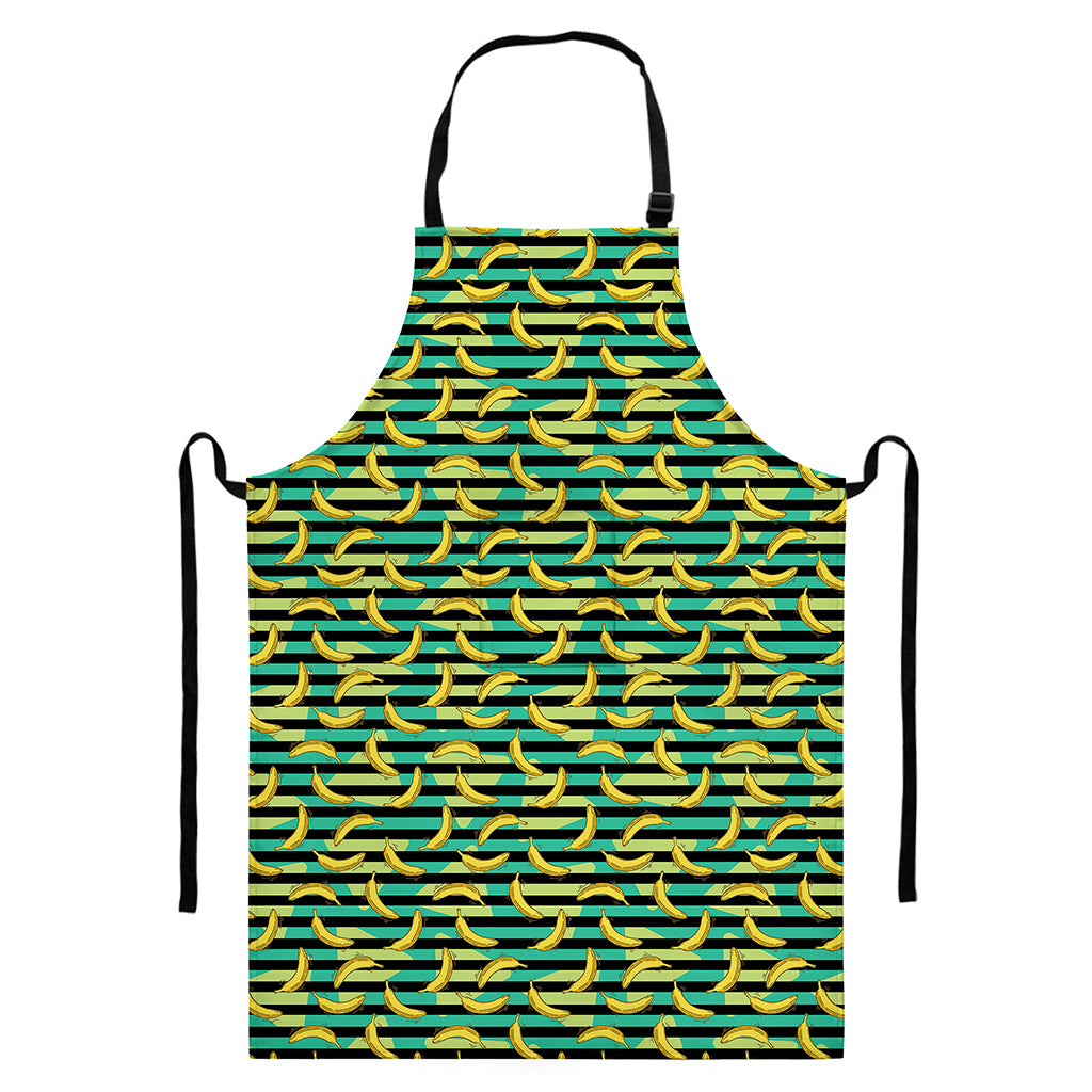 Teal Striped Banana Pattern Print Bib Apron With Pocket