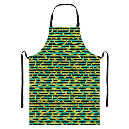 Teal Striped Banana Pattern Print Bib Apron With Pocket