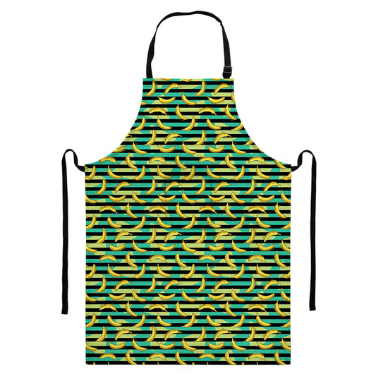 Teal Striped Banana Pattern Print Bib Apron With Pocket