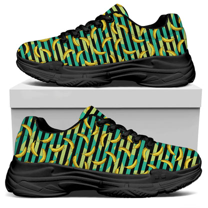 Teal Striped Banana Pattern Print Black Chunky Shoes
