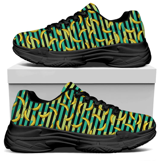 Teal Striped Banana Pattern Print Black Chunky Shoes