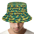 Teal Striped Banana Pattern Print Bucket Hat