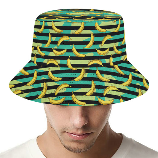 Teal Striped Banana Pattern Print Bucket Hat