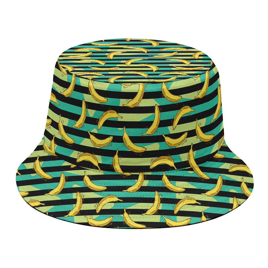 Teal Striped Banana Pattern Print Bucket Hat