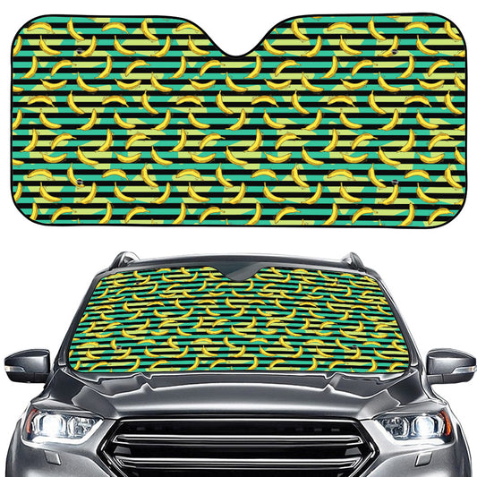 Teal Striped Banana Pattern Print Car Windshield Sun Shade