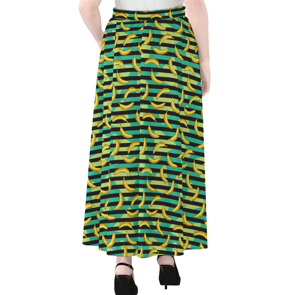 Teal Striped Banana Pattern Print Chiffon Maxi Skirt