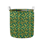 Teal Striped Banana Pattern Print Collapsible Laundry Basket