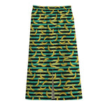 Teal Striped Banana Pattern Print Cotton Front Slit Maxi Skirt
