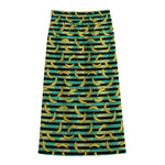 Teal Striped Banana Pattern Print Cotton Front Slit Maxi Skirt