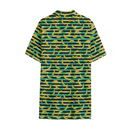 Teal Striped Banana Pattern Print Cotton Hawaiian Shirt