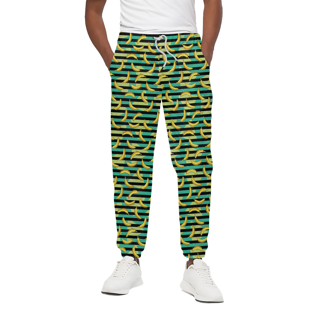 Teal Striped Banana Pattern Print Cotton Pants