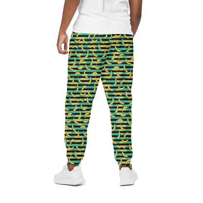 Teal Striped Banana Pattern Print Cotton Pants