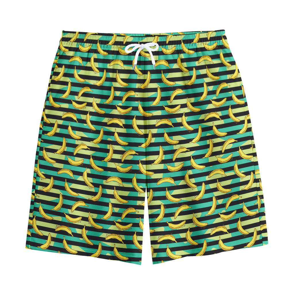 Teal Striped Banana Pattern Print Cotton Shorts