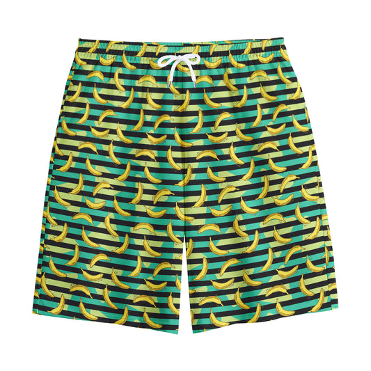 Teal Striped Banana Pattern Print Cotton Shorts
