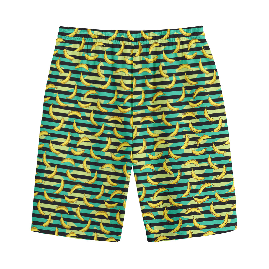 Teal Striped Banana Pattern Print Cotton Shorts
