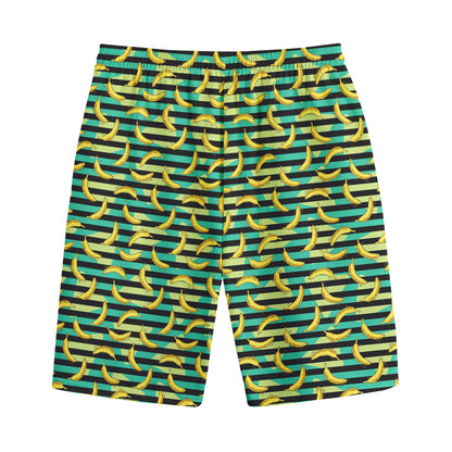 Teal Striped Banana Pattern Print Cotton Shorts