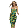 Teal Striped Banana Pattern Print Cross Back Cami Dress