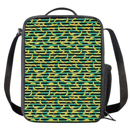 Teal Striped Banana Pattern Print Crossbody Lunch Bag