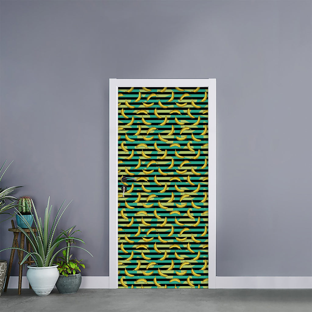 Teal Striped Banana Pattern Print Door Sticker
