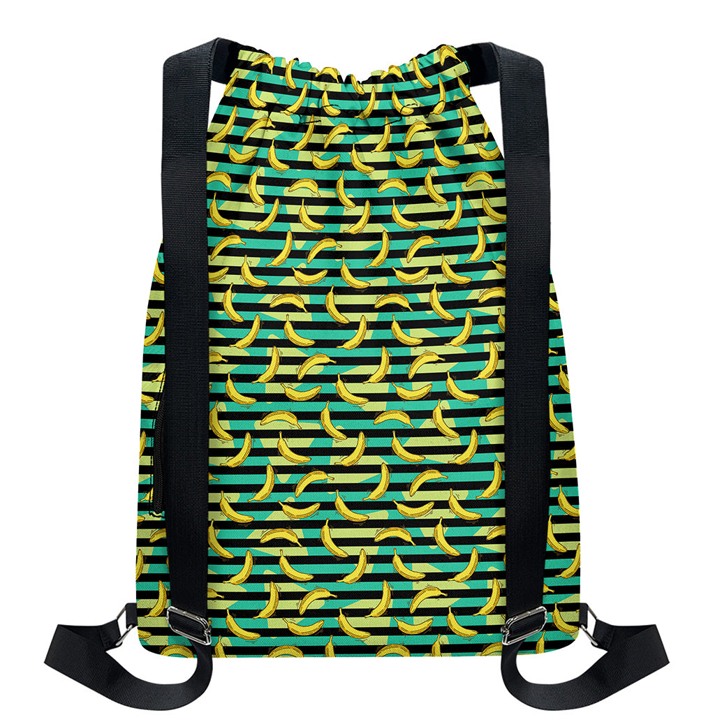 Teal Striped Banana Pattern Print Drawstring Backpack
