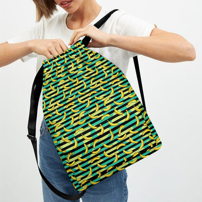 Teal Striped Banana Pattern Print Drawstring Backpack