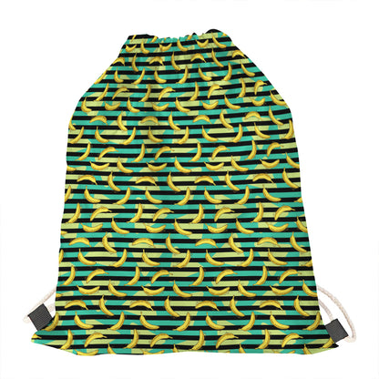 Teal Striped Banana Pattern Print Drawstring Bag