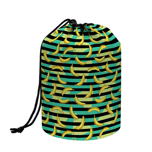 Teal Striped Banana Pattern Print Drawstring Makeup Bag