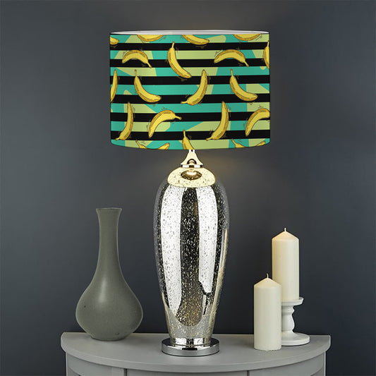 Teal Striped Banana Pattern Print Drum Lamp Shade