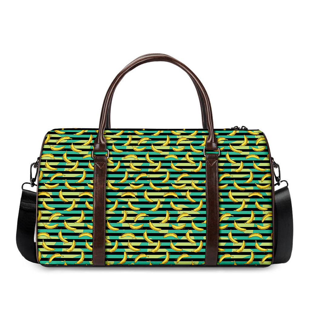 Teal Striped Banana Pattern Print Duffle Bag