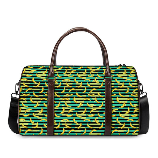 Teal Striped Banana Pattern Print Duffle Bag