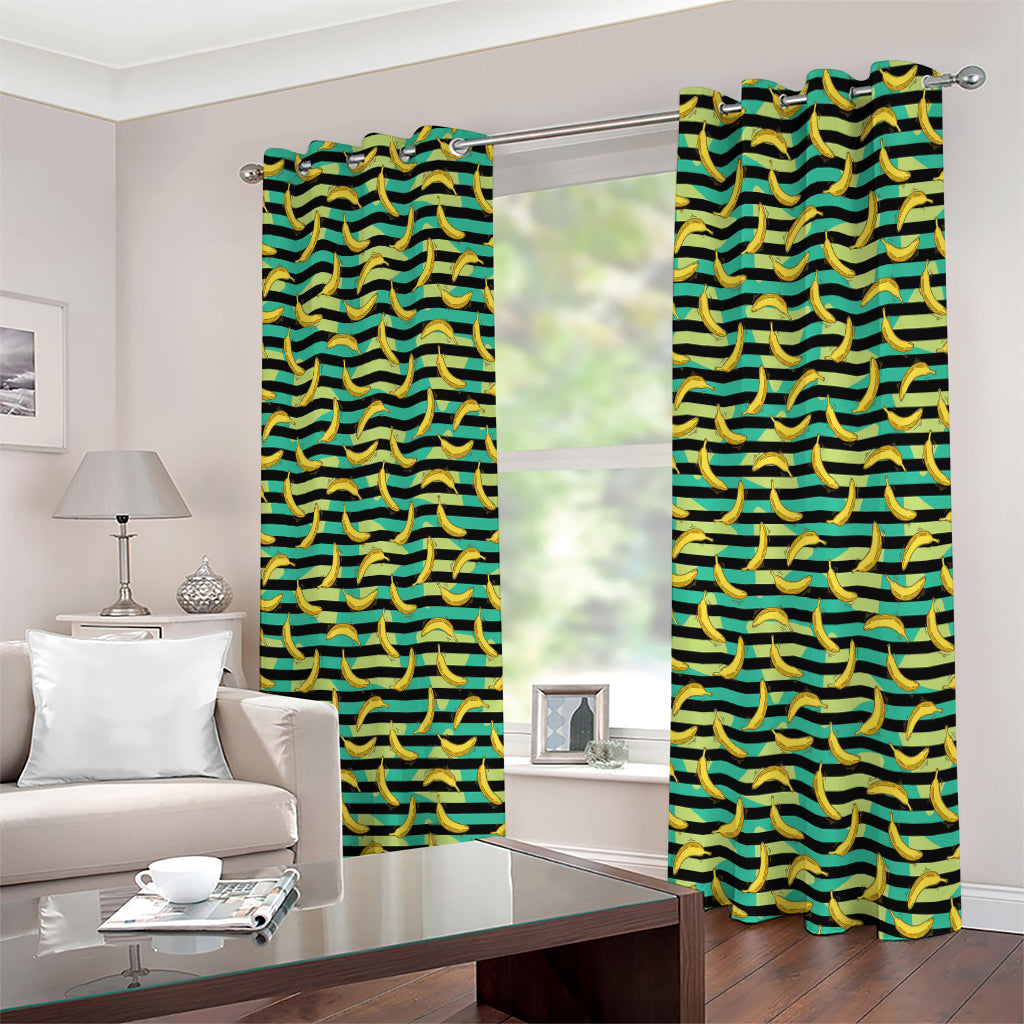 Teal Striped Banana Pattern Print Extra Wide Grommet Curtains