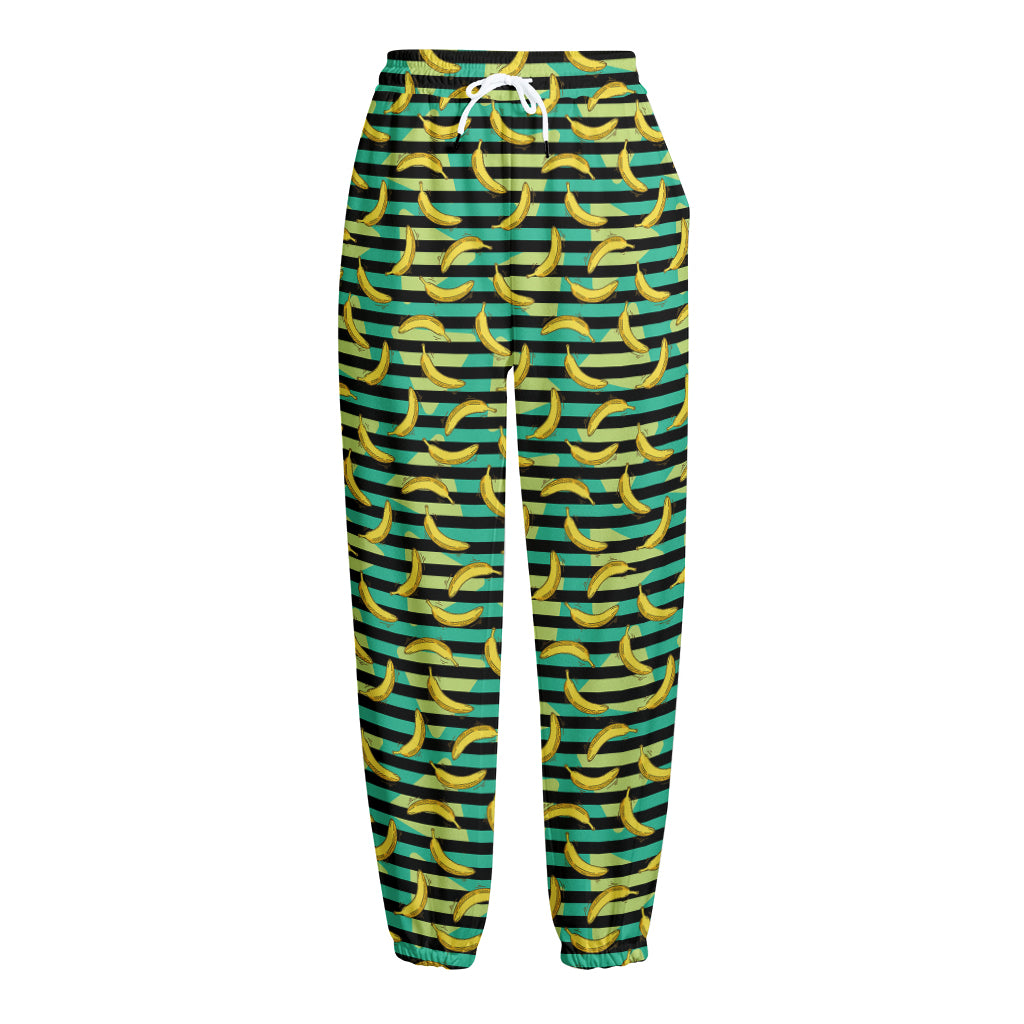 Teal Striped Banana Pattern Print Fleece Lined Knit Pants