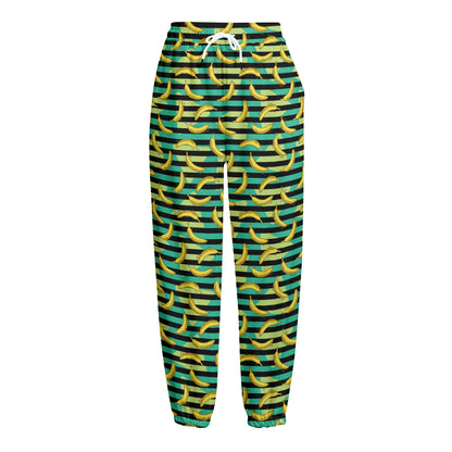 Teal Striped Banana Pattern Print Fleece Lined Knit Pants