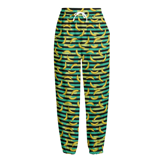 Teal Striped Banana Pattern Print Fleece Lined Knit Pants