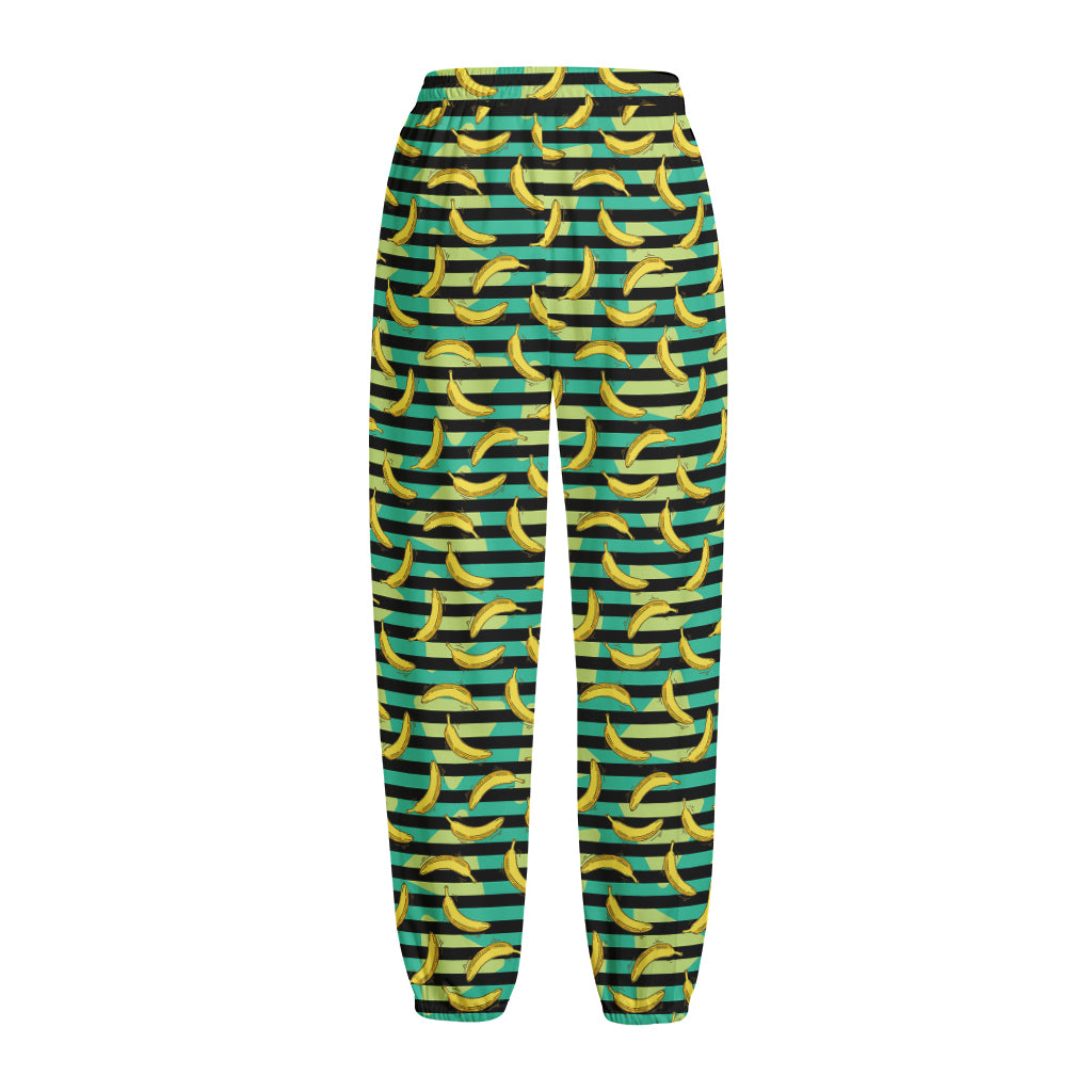 Teal Striped Banana Pattern Print Fleece Lined Knit Pants