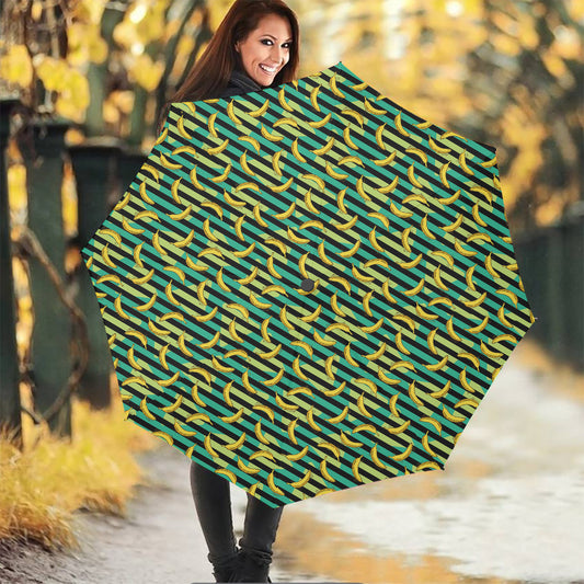 Teal Striped Banana Pattern Print Foldable Umbrella