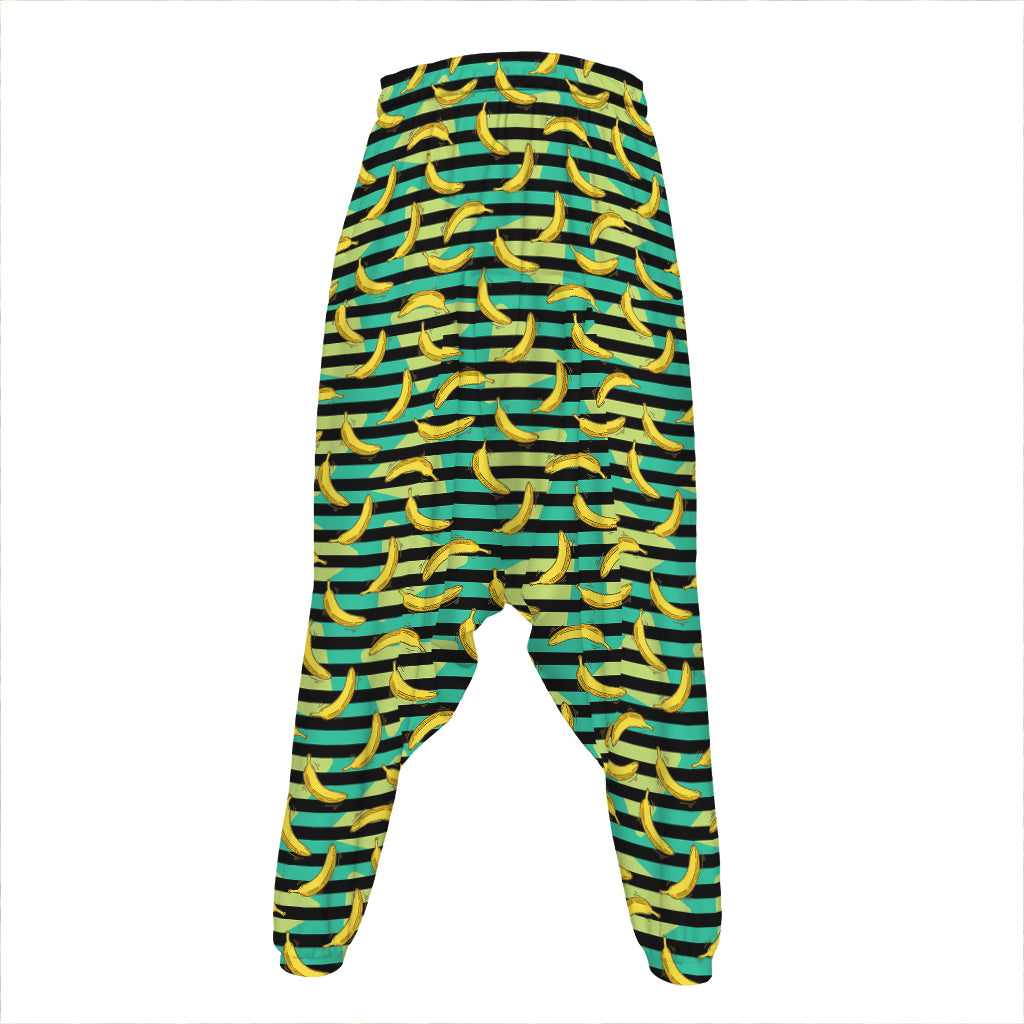 Teal Striped Banana Pattern Print Hammer Pants